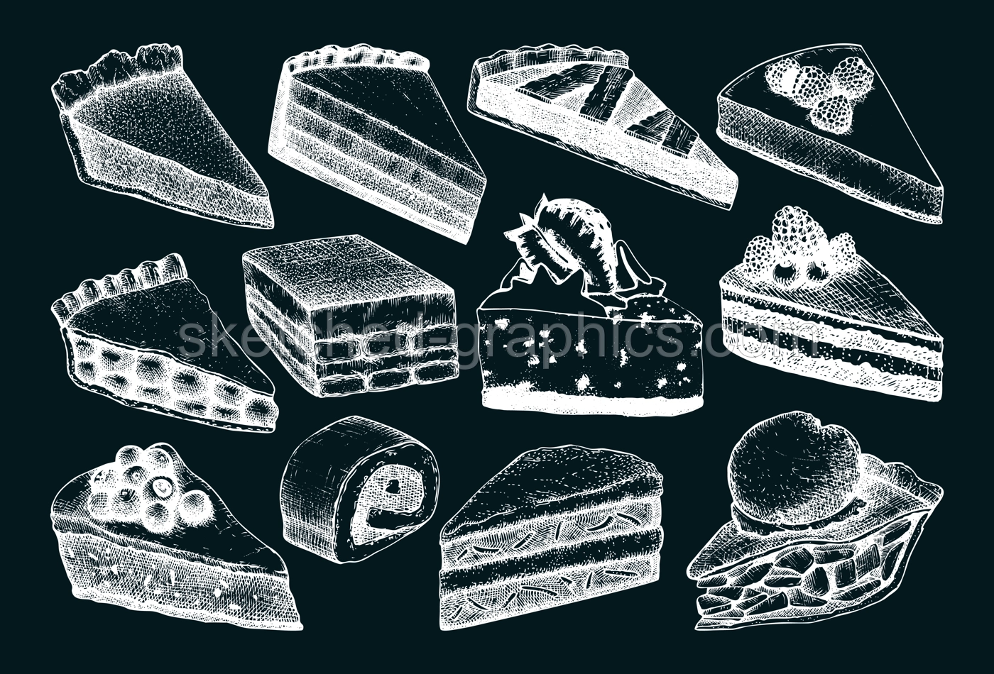 Hand-drawn cake slices illustration isolated on chalkboard. Vector desserts sketches in engraved style for bakery, cafe menu, confectionery.  Illustration
